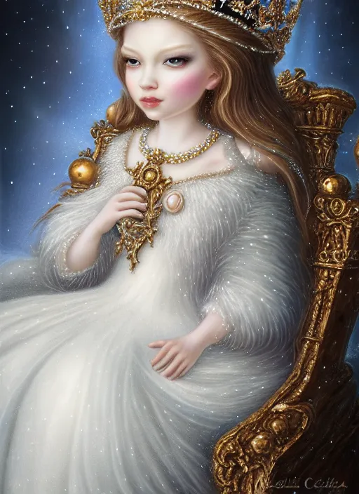 Image similar to highly detailed closeup portrait of a snow, ice princess wearing a crown and sitting on a throne, nicoletta ceccoli, mark ryden, lostfish, earl nore, global illumination, god rays, detailed and intricate environment