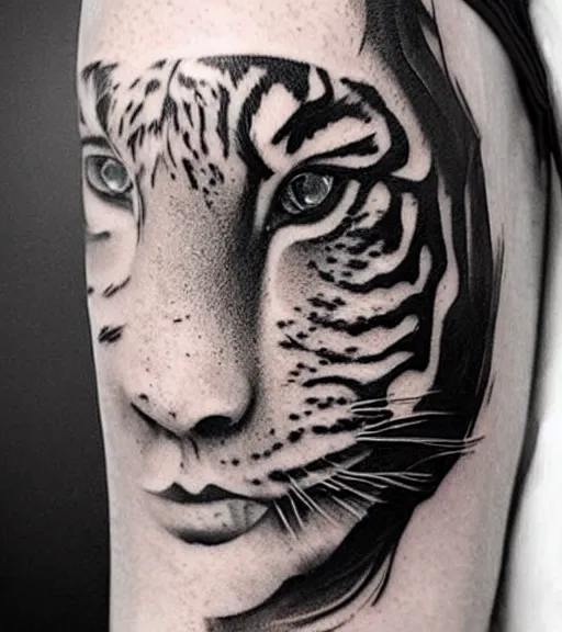 Image similar to tattoo design of a beautiful girl warrior under a tiger head, hyper realistic, realism tattoo, by eliot kohek, beautiful eyes, realistic face, black and white, white background