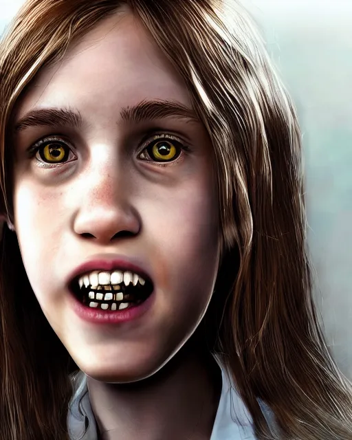 Image similar to close up portrait of 1 5 - year - old girl, smile with large front teeth, hermione granger, very bushy brown hair, and very bright brown eyes, wearing white shirt, hyper realistic face, beautiful eyes, character art, art by mark brooks, hyperdetailed, cryengine, trending on artstation, digital art