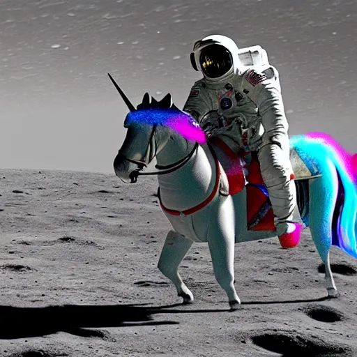 Prompt: an astronaut riding a horse with a unicorn on the moon, nasa image