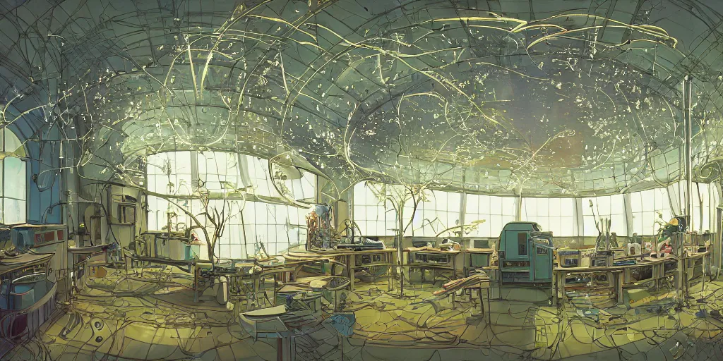 Image similar to illustrated 90s science lab interior with organic circular windows, natural starlight, bright colors, romantic greenery, flowers, cinematic, cyberpunk, smooth, chrome, lofi, nebula, calming, dramatic, fantasy, by Moebius, by zdzisław beksiński, fantasy LUT, studio ghibli, high contrast, epic composition, sci-fi, dreamlike, surreal, angelic, 8k, unreal engine, hyper realistic, fantasy concept art,