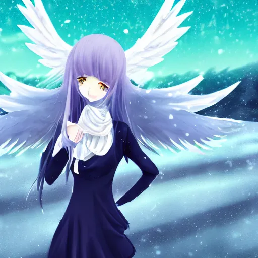 Image similar to anime girl with wings in a snowy tundra, beautiful, extremely detailed, foggy, snow, anime, cinematic lighting, blue eyes, white dress, moonlight, stars,