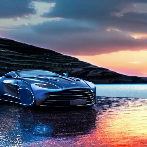 Prompt: the sea reflecting on an Aston Martin, 8k resolution, hyper detailed, ray tracing, sunset