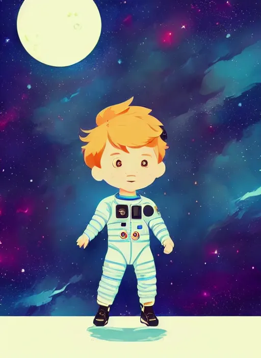 Image similar to little boy with short blonde hair. he is floating in space. he is wearing a space suit. background is a nebula. clean cel shaded vector art. shutterstock. behance hd by lois van baarle, artgerm, helen huang, by makoto shinkai and ilya kuvshinov, rossdraws, illustration, art by ilya kuvshinov