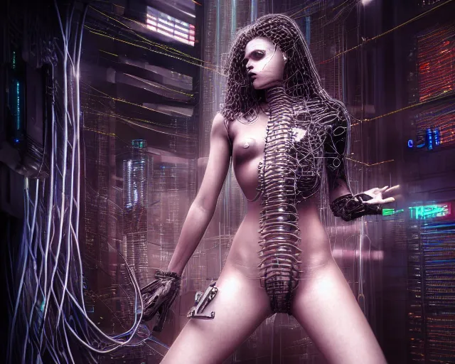 Prompt: photo of the torso of a woman plugged into a quantum computer with cables and wires. cyberpunk horror style. art by luis royo. highly detailed 8 k. intricate. nikon d 8 5 0 5 5 mm. award winning photography.