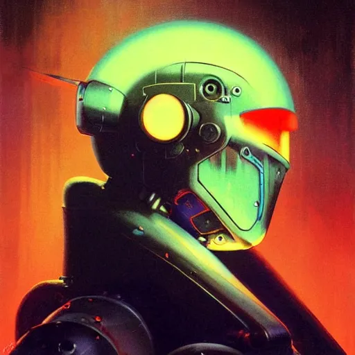 Image similar to a dark and colorful close - up side profile portrait of a sci - fi mecha robot with led lights glowing fog in the background. highly detailed science fiction painting by norman rockwell, frank frazetta, and syd mead. rich colors, high contrast, gloomy atmosphere, dark background. trending on artstation