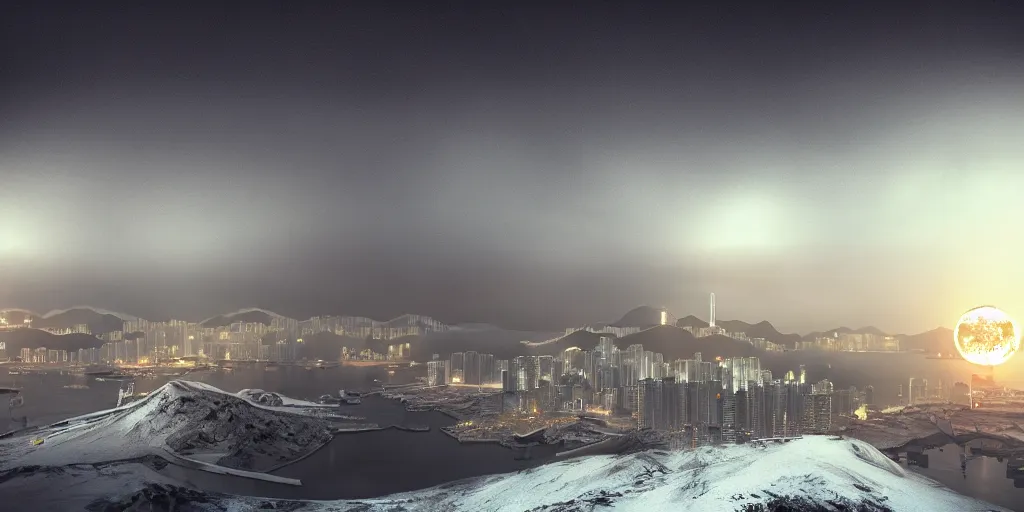 Image similar to nuclear winter, hong kong, near future, fantasy, sci - fi, hyper realistic, serene, dusk.