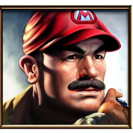 Image similar to An ultra realistic portrait painting of Mario wearing his cap in the style of Frank Frazetta, 4k, Ultrarealistic, Highly Detailed, Dark Fantasy, Epic Lighting