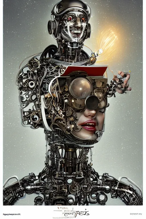 Image similar to a beautiful intricate fine art portrait photo of a happy mechanical futuristic cybernetic humanoid reading a letter of good news, by tom bagshaw and anna dittman, eyes light up, perfection!, studio lighting, golden ratio composition, 3 5 mm lens, bionic robot overgrown with flowers, cybernetic scifi, deep depth of field, artstation, 8 k