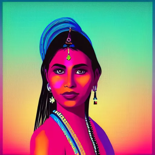 Prompt: a portrait of a beautiful indian origin indigenous woman, in retro colors, synthwave style, 2 d digital vector art