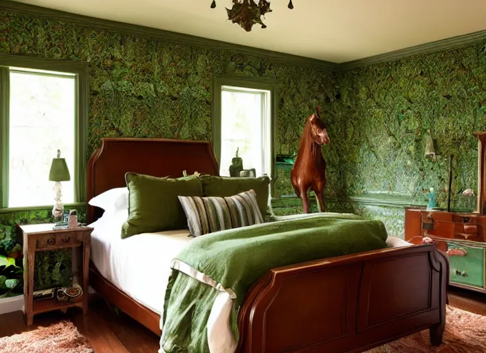 Image similar to bedroom with horse statues green and brown trim