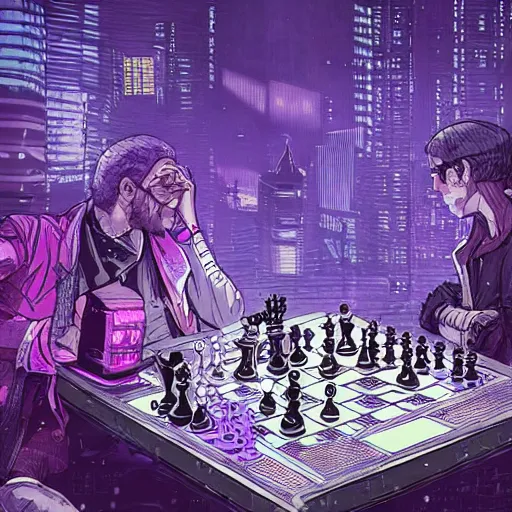 Image similar to high detailed people playing chess in a cyberpunk rainy city at night by josan gonzalez, eliran kantor, hand drawn, illustration, purple and blue neons, unreal engine, high quality, 4 k, uhd, trending on artstation, wires, blade runner vibes, ghost in the shell, akira, dorohedoro