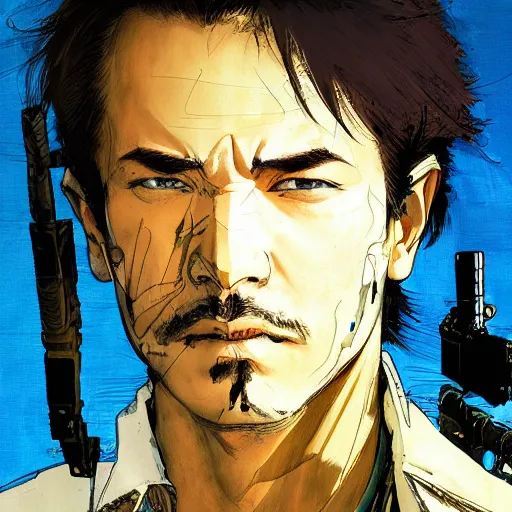 Image similar to portrait of a hero holding his weapon in front of his face by yoji shinkawa, high quality, extra details, realism, ornate, colored, golden chain, blood, white skin, short hair, brown eyes, vivid, sunlight, dynamic, american man, freedom, white american soldier, painting