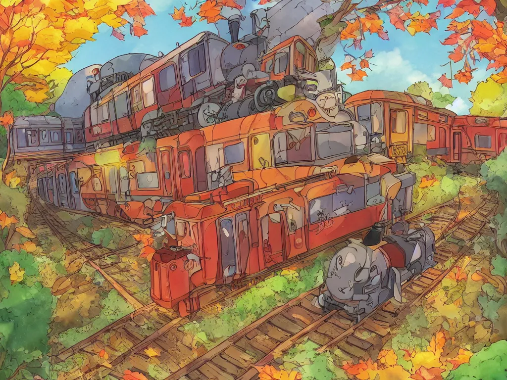 Image similar to sideview of a anime train, illustration, autumn light, colorful, beautiful, inspired by studio ghibli, inspired by hayao miyazaki, concept art, manga, cute and adorable