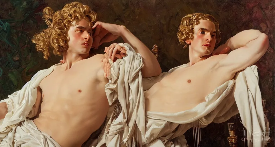 Prompt: Painting of Apollo as a hedonistic prince in wispy opalescent silk robes, long blond drill curls and fringe, delicate pale porcelain skin, cool tones by Leyendecker and Norman Rockwell