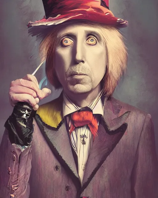 Image similar to tom petty as the mad hatter, contrast, kim jung gi, greg rutkowski, zabrocki, karlkka, jayison devadas, trending on artstation, 8 k, ultra wide angle, zenith view, pincushion lens effect