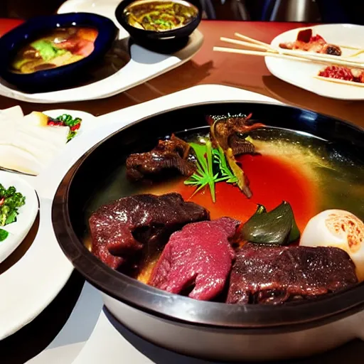 Image similar to high - end hot pot restaurant serving chinese dragon meat