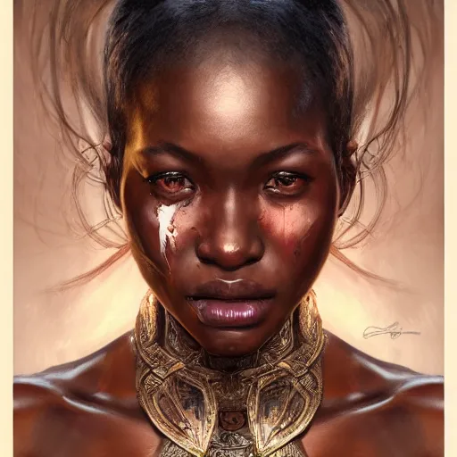 Prompt: portrait painting of a muscular bloodied tanzanian girl, ultra realistic, concept art, intricate details, eerie, highly detailed, photorealistic, octane render, 8 k, unreal engine. art by artgerm and greg rutkowski and alphonse mucha
