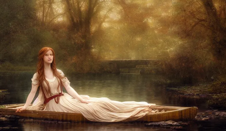 Image similar to full body pose of lady of shalott laying in a river, sadness, longing, sharp focus, intricate, elegant, digital painting, artstation, matte, highly detailed, concept art, illustration, volumetric lighting, bokeh light, art by greg olsen and liz lemon and john william waterhouse