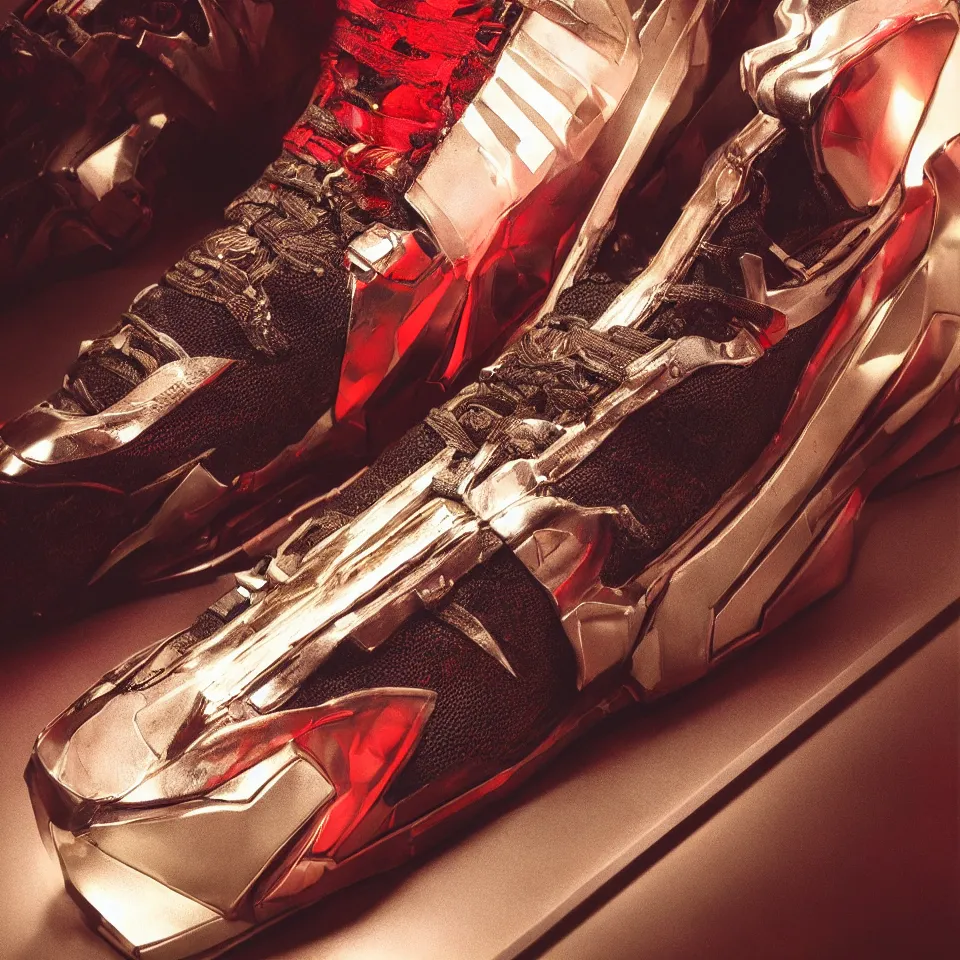 Image similar to realistic sculpture of a cyberpunk sneaker, beautiful studio lighting, soft, sharp focus, cyberpunk, intricate detail, gold and red accents, soft rubber, octane render, trending on artstation, deviantart, art by syd mead