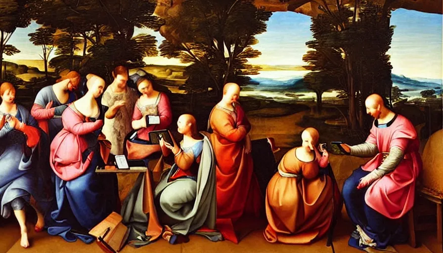 Image similar to people using smartphones!!, renaissance painting, oil painting, hyperdetailed