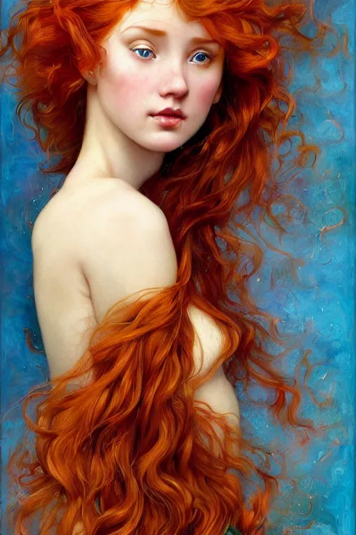 Prompt: hyper realistic painting portrait of a redhead girl with flowing curls and closed eyes, her skin is like gold and turquoise background, hyper detailed face, in the style of stjepan sejic, norman rockwell, michael hussar, roberto ferri and ruan jia, john william waterhouse, godward, david kassan