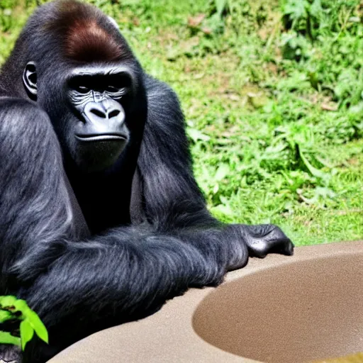 Prompt: gorilla poking its head out of a toilet, only the top half of its head is visible