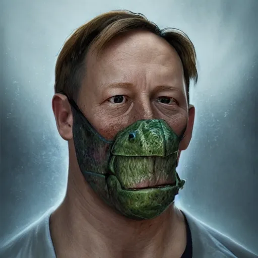 Image similar to hyperrealistic mixed media image of info wars alex jones with ( ( bullfrog mask ) ), stunning 3 d render inspired art by xiang duan and thomas eakes and greg rutkowski, perfect facial symmetry, hyper realistic texture, realistic, highly detailed attributes and atmosphere, dim volumetric cinematic lighting, 8 k octane detailed render, post - processing, masterpiece,