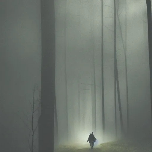 Prompt: a samurai walks with friends through the woods at night, gloomy, dark, foggy, night, ominous, dark color, atmospheric, cinematic lighting, intricate detail?