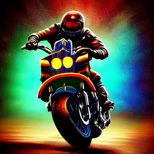 Image similar to colorful blacklight airbrush artwork, motorcycle, stylized action shot of an orc biker riding a motorcycle, drifting, skidding, wheelie, clear focused details, soft airbrushed artwork, black background, cgsociety, artstation