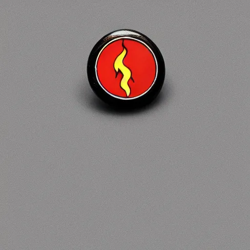 Prompt: a photo of a retro 7 0 s minimalistic fire warning enamel pin, studio lighting, behance