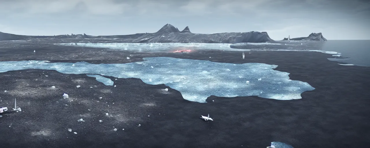 Image similar to matte painting of military spacecraft crashing into an endless black sand beach in iceland with icebergs in the distance, trending on artstation, octane render, hd, 8 k