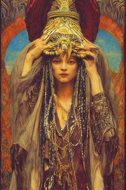 Image similar to queen of the lost city with her regalia, by Annie Swynnerton and Nicholas Roerich and jean delville, dramatic cinematic lighting , ornate headdress , flowing robes, lost civilizations, extremely detailed