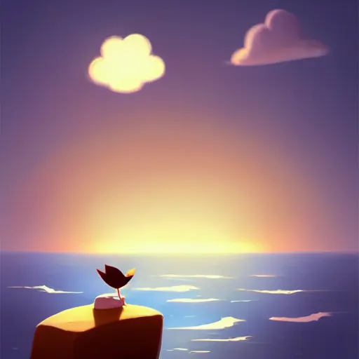 Image similar to goro fujita ilustration a cute little bird perched on a rock watching the ocean and the waves with their foam, the sky with fluffy clouds and makes a warm light, painting by goro fujita, sharp focus, highly detailed, artstation