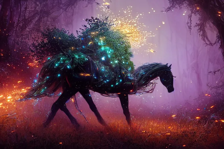 Image similar to a stunning horse made of fireflies with a thick mane of bioluminescent vines and flowers running through the woods by greg rutkowski, high key lighting, volumetric light, digital art, highly detailed, fine detail, intricate, ornate, complex, octane render, unreal engine, photorealistic