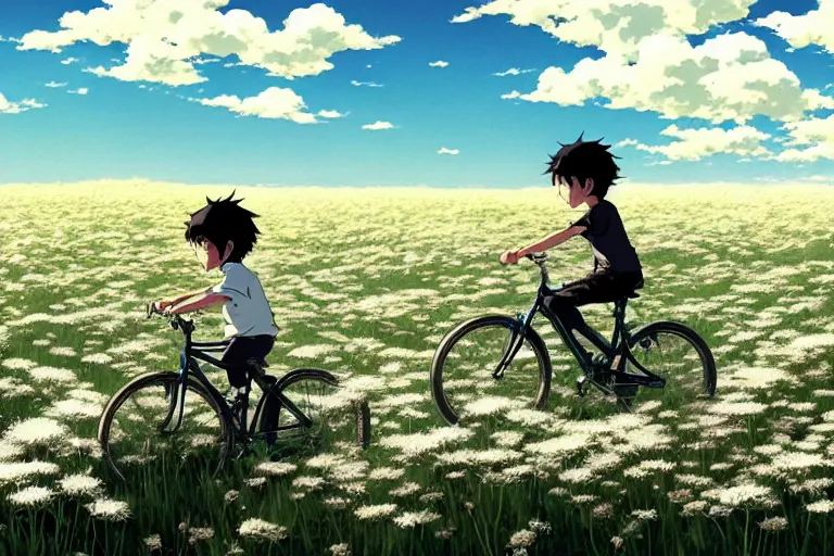 Prompt: a boy riding his bike alone through a field of white flowers, high intricate details, rule of thirds, golden ratio, cinematic light, anime style, graphic novel by fiona staples and dustin nguyen, by beaststars and orange, peter elson, alan bean, studio ghibli, makoto shinkai