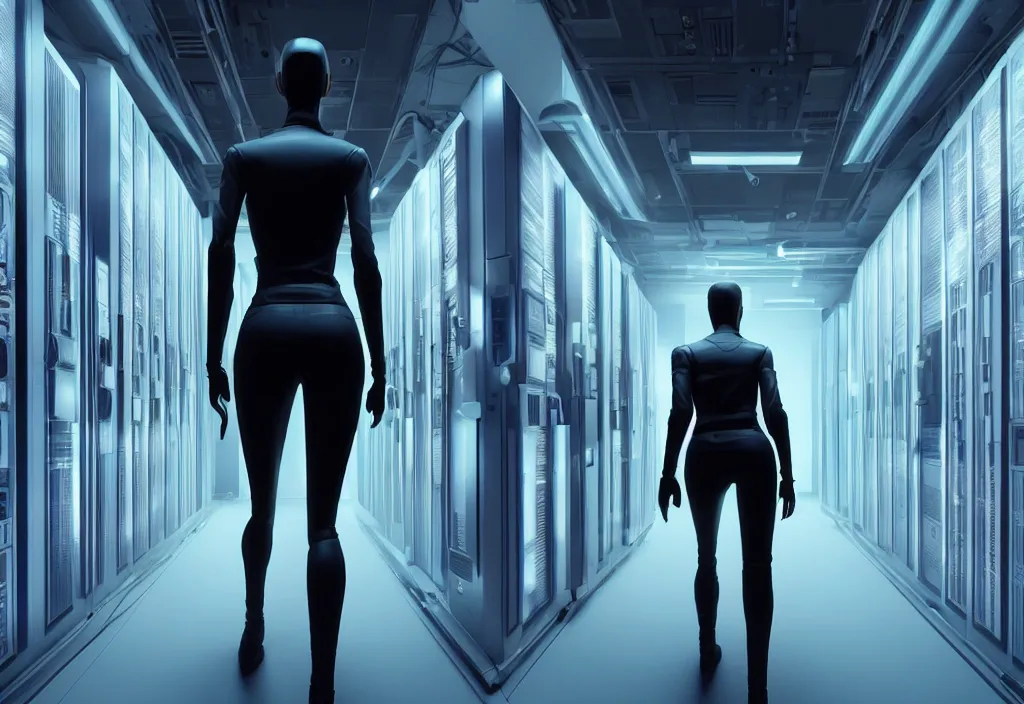 Image similar to film by denis villeneuve android walking in server room in datacenter, shot by cyberpunk syle, character design, proportional body, whole body, whole figure, very realistic cinematic concept art, complementary color, realistic detailed, sharp lines, trending on artstation, volumetric lighting, octane render