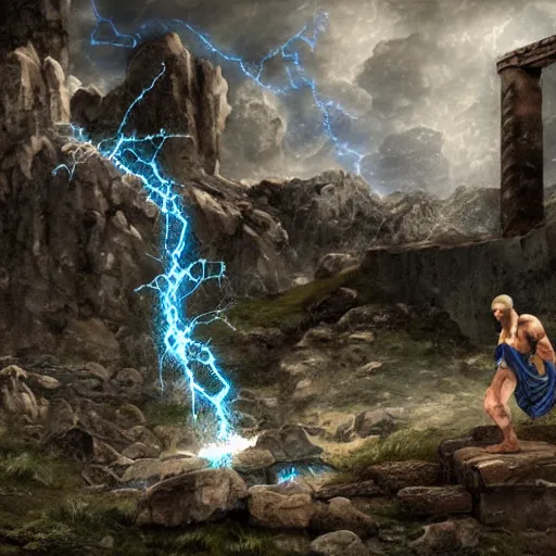 Image similar to in the ruins of mount oylmpus the roman gods look down on the mortals, zeus holds a lightning rod and thor has his hammer, digital art, 4 k,