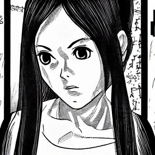 Prompt: Manga Panels, Mila Kunis looks to her right at a door leaking onto the floor by Junji Ito