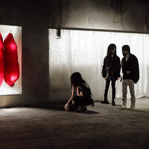 Prompt: a tiny nightclub with a few red chinese lanterns, a couple of modern subculture teenagers standing and talking to each other, wearing black modern clothes, designed by rick owens, hyperrealistic, extremely lifelike attributes & lifelike texture, hyperdetailed, by gregory crewdson