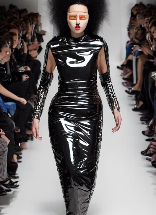 Prompt: a portrait of a model detailed features wearing a cargo latex wedding dress - chic'techno fashion trend lots of zippers, pockets, synthetic materials, jumpsuits. by issey miyake and mitsuo katsui