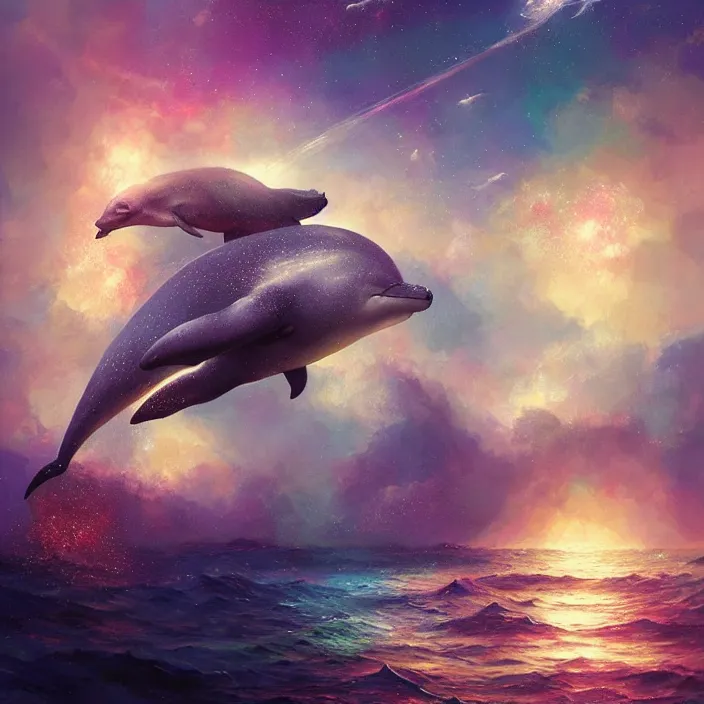 Image similar to glimmering whale, dolphins, golden hour, god rays, coral reef, dreamscape by artgerm and ruan jia and ismail inceoglu and greg olsen, cosmos, milky way galaxy, masterpiece, beautiful, intricate, elegant, highly detailed