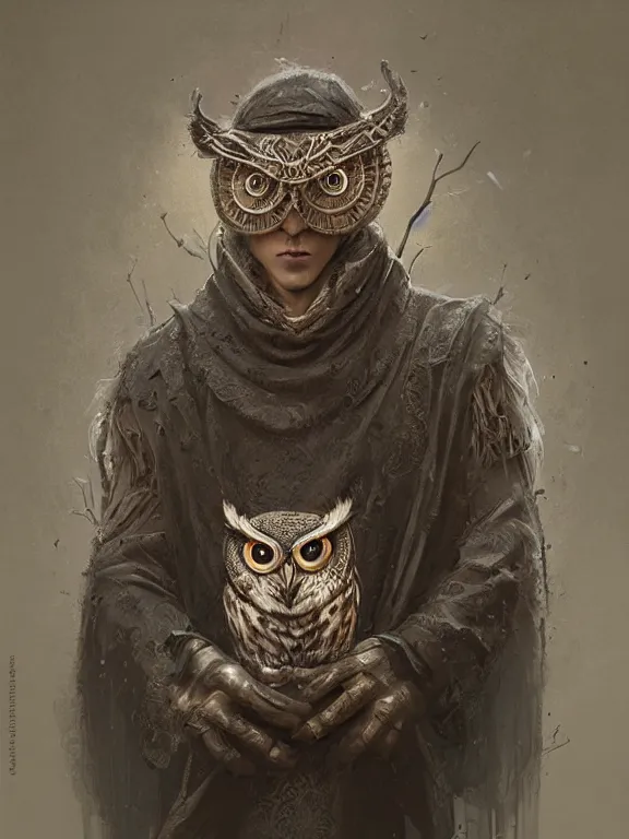 Prompt: a ultradetailed beautiful concept art of a strange and discreet human, hiding his face with an intricate wooden mask of an owl, concept art, high resolution 4 k, by tom bagshaw, greg rutkowski, charli bowater and artgeem