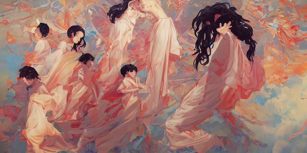 Prompt: gigantic angels painting soft light by james jean and satoshi kon and erik jones, inspired by evangelion, smooth feature, intricate oil painting, high detail illustration, sharp high detail, 1 9 9 9