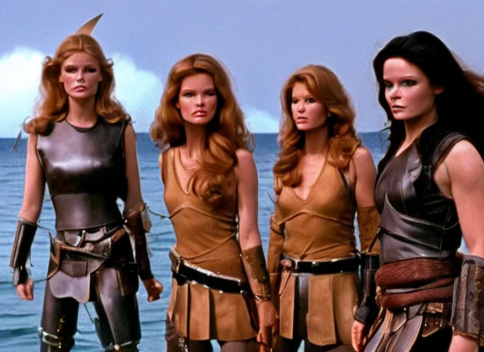 Prompt: film still charlie's angels ( 1 9 7 6 ) as a viking women with ray guns, glass helmets, rough seas in background, lightning storms, barbarella, water world, mad max, conan, anatomical correctly body, hyper - realistic, highly detailed, accurate, 8 k octane render, 2 8 mm, wide angle, rule of thirds