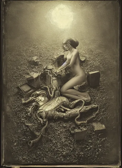 Prompt: old wetplate daguerreotype birth of a cyborg in times of eternal summoning, fractal, intricate, elegant, highly detailed, parallax, leica, medium format, subsurface scattering, by jheronimus bosch and greg rutkowski and louis jacques mande daguerre