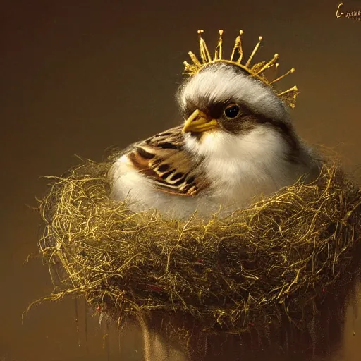 Prompt: soulful long shot of a cute fluffy furry sparrow chick nesting in a golden floral metal crown, by esao andrews, by m. w. kaluta, volumetric light, rich colors, very humorous oil painting, realistic reflections, smooth, concept art, depth perception, high depth of field, 4 k, unreal engine 5, ultradetailed, hyperrealistic, trending on artstation