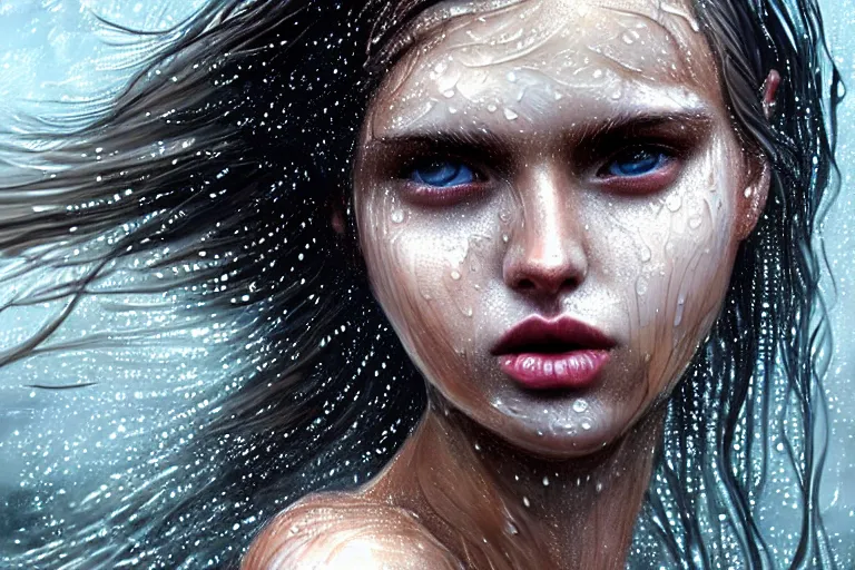 Prompt: girl flying freely in rain with wet hair and face, glowing skin, fantasy, captivating dynamic facial expression, intricate, elegant, dramatic lighting, emotionally evoking symbolic metaphor, highly detailed, lifelike, photorealistic, digital painting, artstation, concept art, smooth, sharp focus, illustration, art by John Collier and Albert Aublet and Krenz Cushart and Artem Demura and Alphonse Mucha