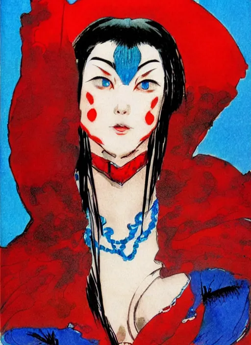 Image similar to portrait of muscular korean vampiress, jeweled veil, blue and red, strong line, saturated color, beautiful! coherent! by frank frazetta, high contrast, minimalism