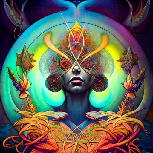 Prompt: psychedelic ayahuasca artwork of esao andrews frank peter mohrbacher, energy body, sacred geometry, esoteric art, divinity, detailed, tarot art